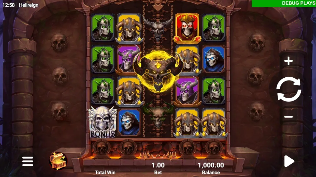 Tampilan visual slot Hellreign Scatter Magnet dengan tema neraka yang kelam dan simbol iblis yang menyala.