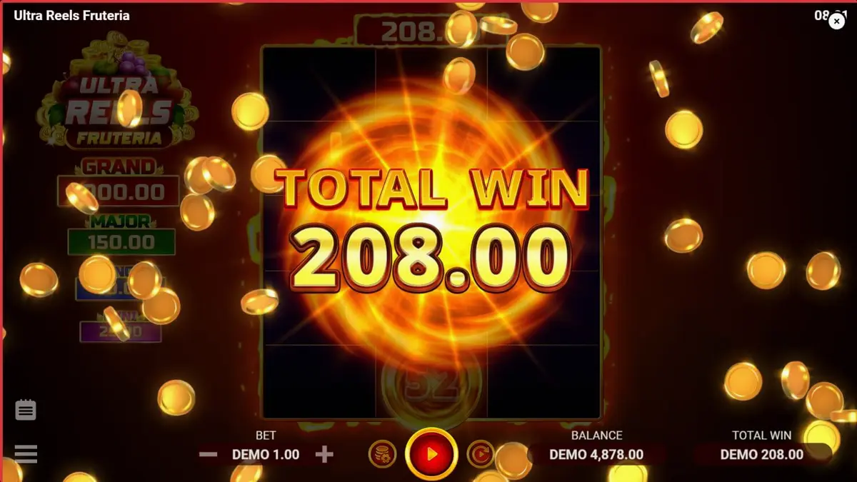 Tampilan visual slot Ultra Reels Fruteria dengan simbol buah-buahan segar dan latar belakang karnaval yang cerah.