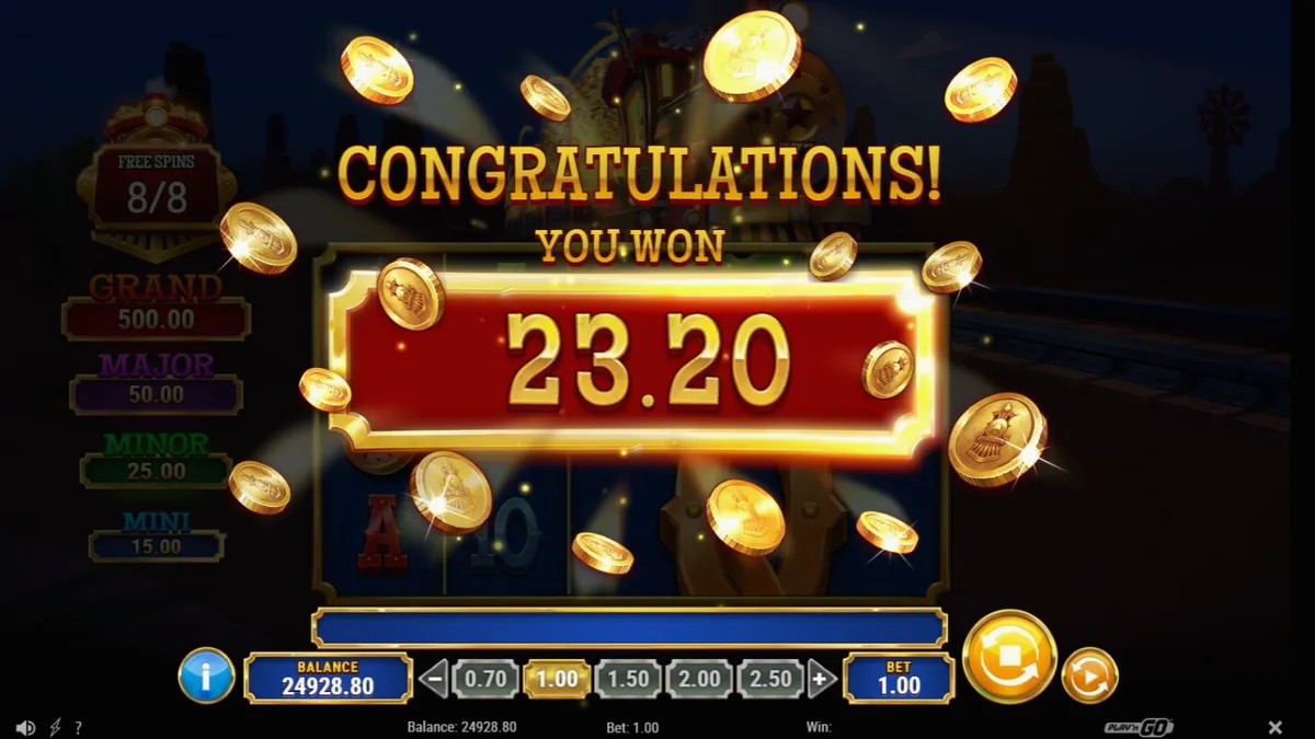 Tampilan visual slot Track’n Gold dengan tema kereta api uap dan latar belakang gurun.